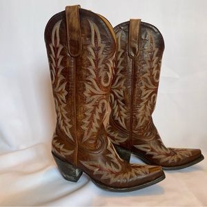 Tall brown embroidered cowboy boots